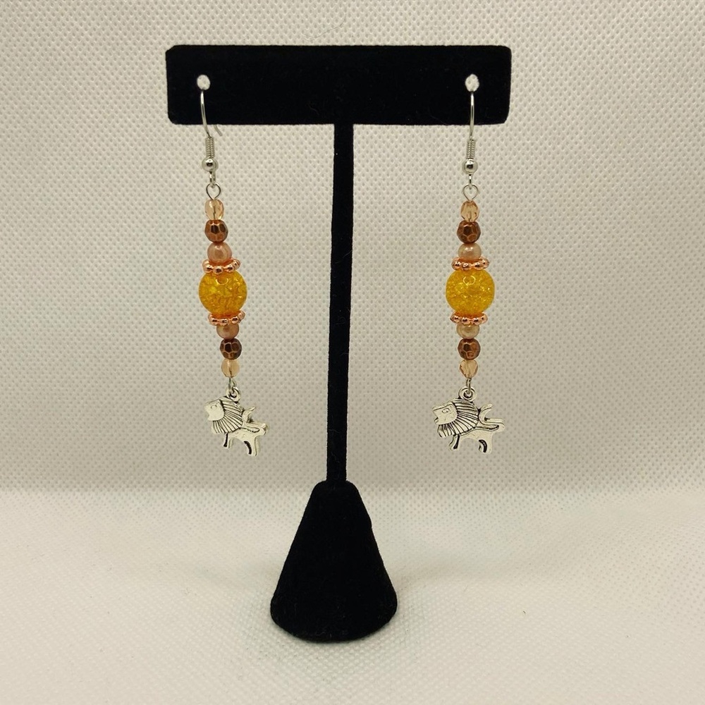 Yellow and Brown Beaded Lion Charm Dangle Earrings - Handmade